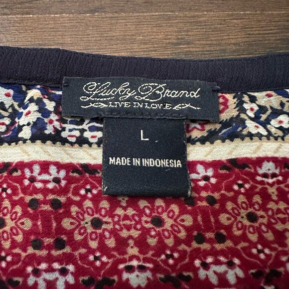 Lucky Brand cream, maroon & navy print long sleeve sheer top size L - Picture 6 of 10